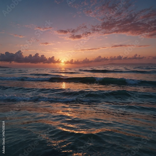 Sunrise Symphony Over Gentle Waves The image captures the serene beauty of a sunrise over the ocean.