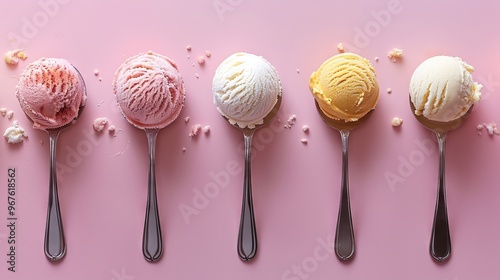  scoops of ice cream are arranged on spoons so that they look like notes, pastel colors