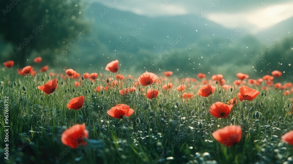 Obraz premium A cluster of wild poppies growing in a meadow, their red petals contrasting with the green grass