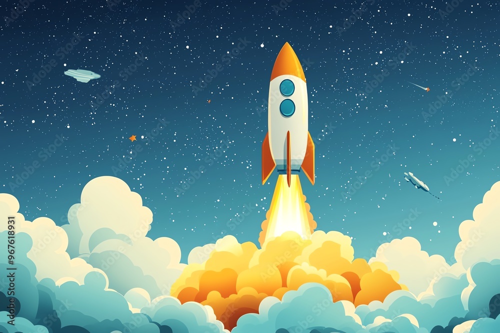 Startup success, rocket launching into the sky, flat design illustration Startup success, rocket launching into the sky, flat design illustration