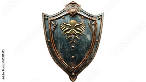  3d render medieval heraldic metal shield adorned with floral motif isolated on png background. photo