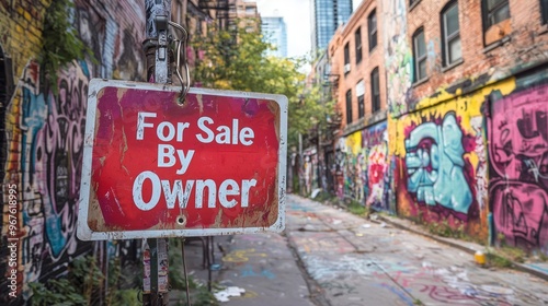 For Sale By Owner Sign in Urban Alleyway with Graffiti Art photo