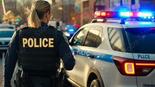 Officer Walking by Patrol Vehicle in Daylight Generative AI