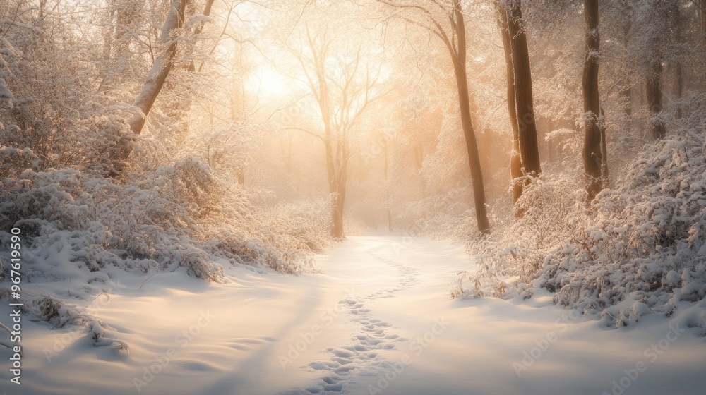 A peaceful road blanketed in fresh snow winds through a forest at sunset, flanked by glowing street lamps and tall trees, creating a tranquil winter atmosphere A peaceful road blanketed in fresh snow winds through a forest at sunset, flanked by glowing street lamps and tall trees, creating a tranquil winter atmosphere