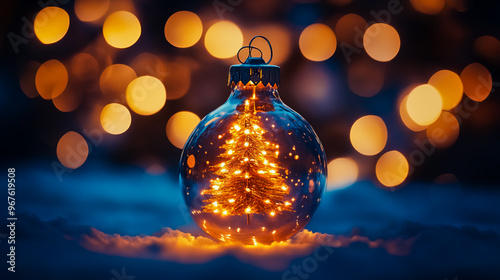 Christmas tree illuminated in a glass bulb with glowing lights. photo