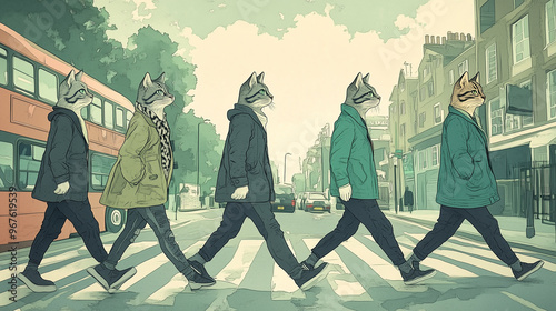 Paws of the Past: 80s Anime Cats in Urban Gear Crossing Abbey Road