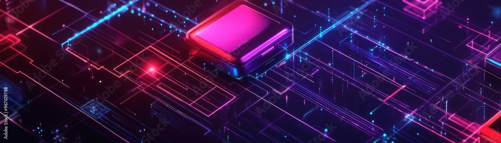 Futuristic digital circuit design featuring vibrant neon colors and geometric patterns, ideal for technology themes. Futuristic digital circuit design featuring vibrant neon colors and geometric patterns, ideal for technology themes.