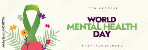 World Mental Health Day. 10th October Mental health day celebration cover banner with green ribbon, flowers, brain. The raise awareness for mental health and people suffering from depression, anxiety.