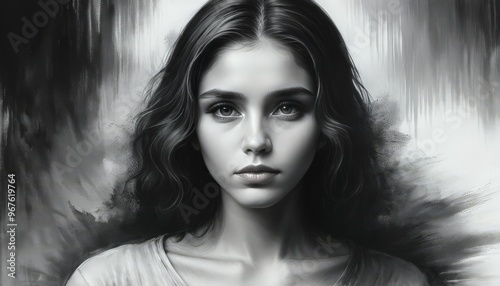 A black and white portrait of a young woman, her expression calm and thoughtful. The monochrome tones and soft lighting highlight the depth and emotion in her gaze.