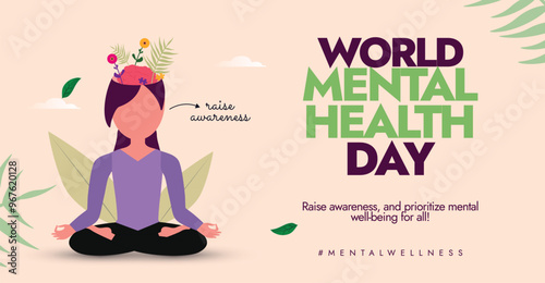 World Mental Health Day background, banner, post design. Mental health day conceptual design with girl character sitting in Sukhasana pose, relaxing her mind. The day is celebrated to raise awareness.