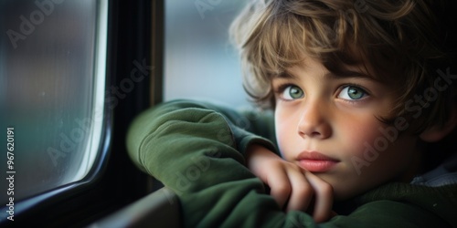 A lonely sad boy looks through the window of a moving train. Homeless orphan. Generative AI.