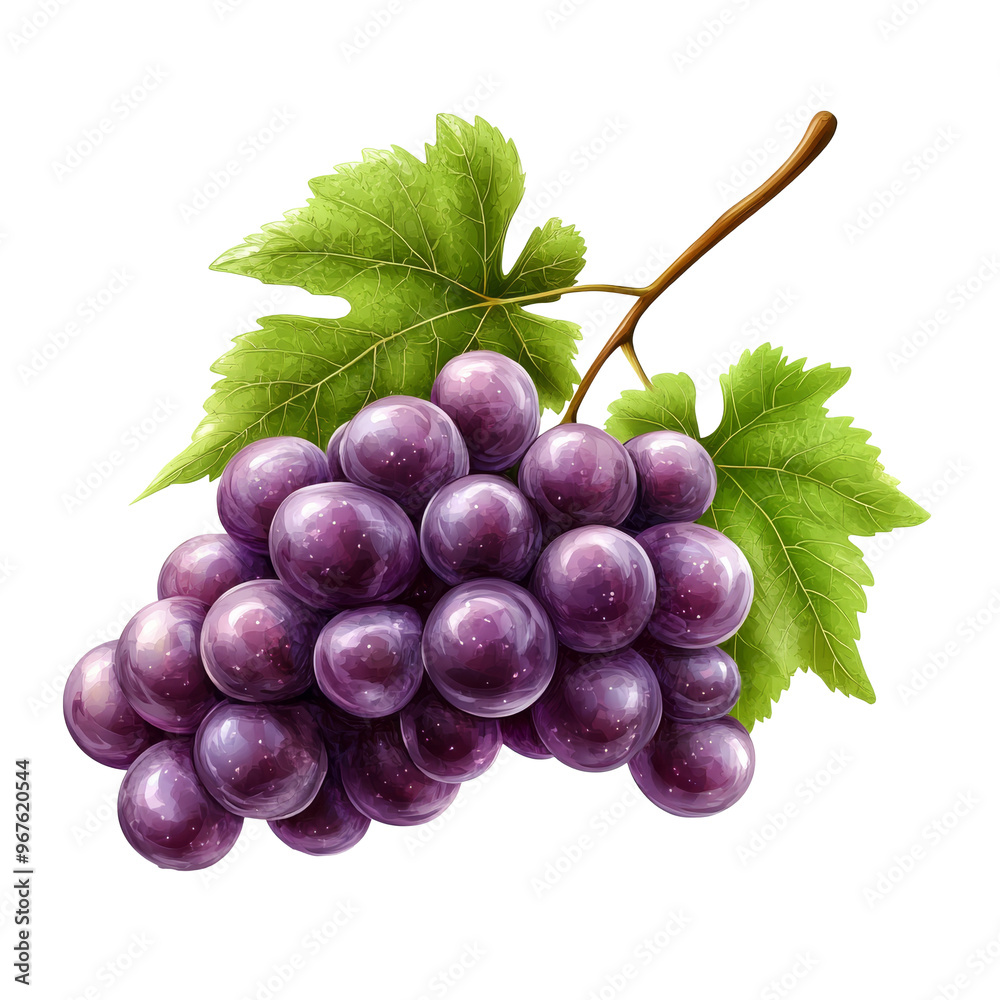 Fototapeta premium Fresh bunch of purple grapes with green leaves, cut out transparent