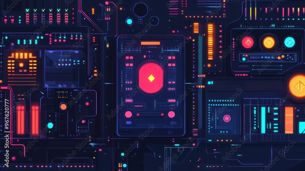 Fototapeta premium Futuristic digital interface design featuring vibrant colors and complex patterns, ideal for technology and innovation themes.