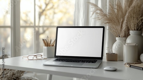 Wallpaper Mural Modern Workspace with Laptop on White Desk by Window with Natural Light and Decorative Elements Torontodigital.ca