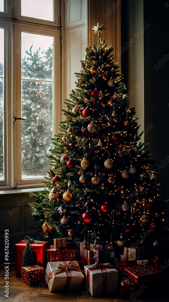 A large Christmas tree with many ornaments sits in front of a window A large Christmas tree with many ornaments sits in front of a window