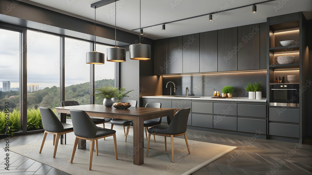 Fototapeta premium Modern stylish kitchen interior with luxury dining table and large window, designed in black color palette, black