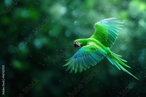 Fototapeta Naklejka Na Ścianę i Meble -  Stunning vibrant green parrot in mid-flight. The bird's wings are spread wide in a lush green jungle background.