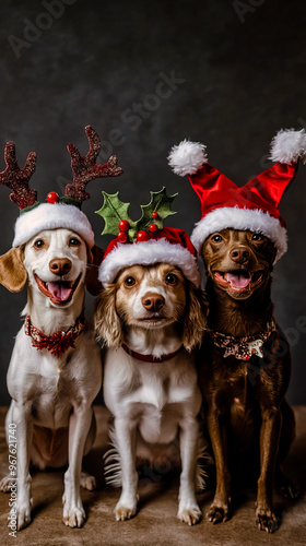 Dogs wearing Christmas hats and reindeer antlers. Postcard background.