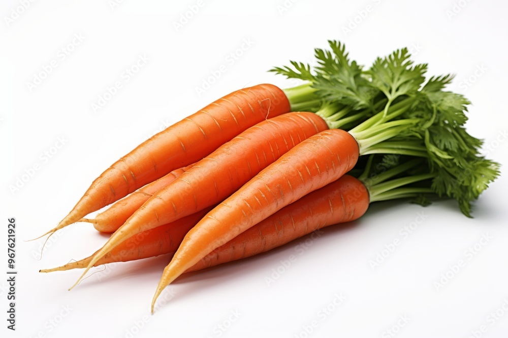 Freshly harvested carrots with green tops displayed on a white background for culinary use Freshly harvested carrots with green tops displayed on a white background for culinary use