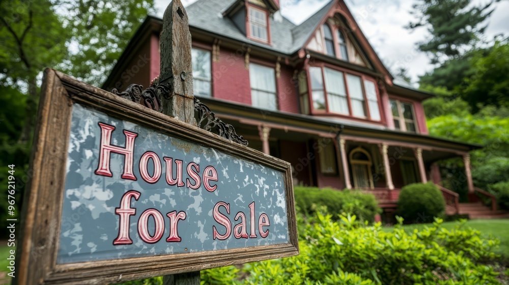 House for Sale Sign with Victorian Home in Background House for Sale Sign with Victorian Home in Background