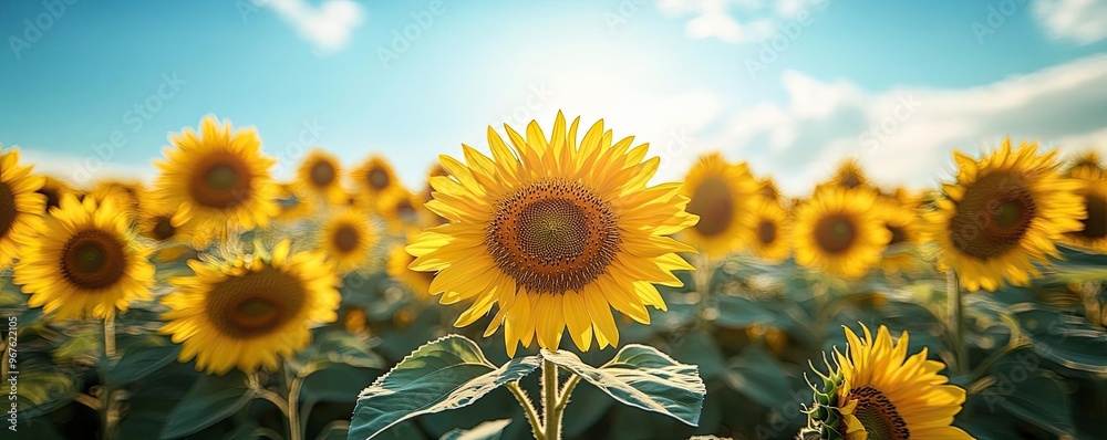 Fototapeta premium A field of sunflowers standing tall under a clear blue sky, with a gentle breeze swaying the vibrant yellow petals