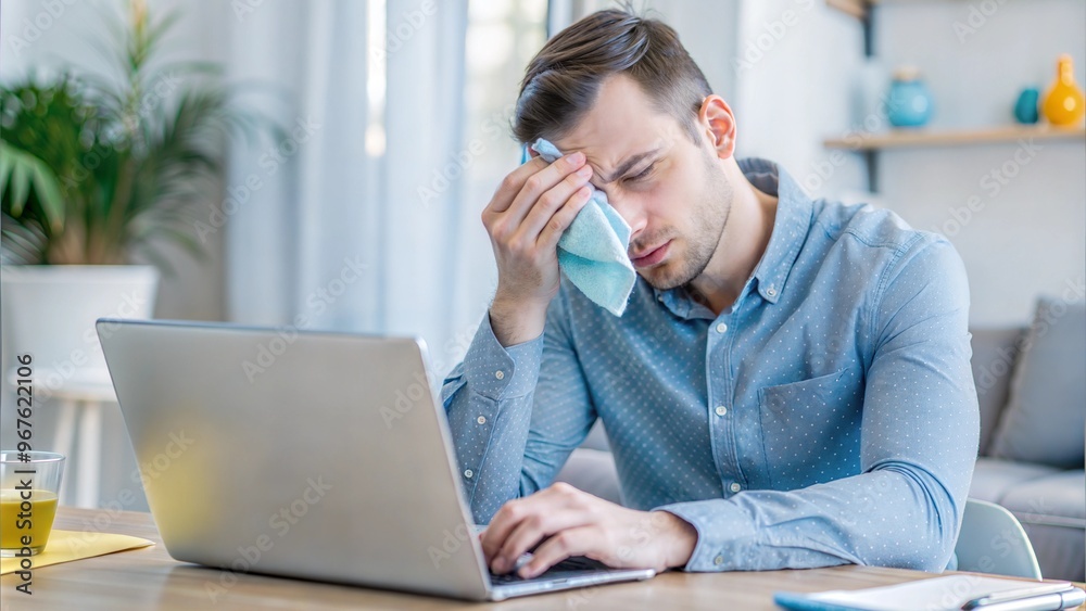 Man with a cold working from home with an ice pack on his forehead Man with a cold working from home with an ice pack on his forehead