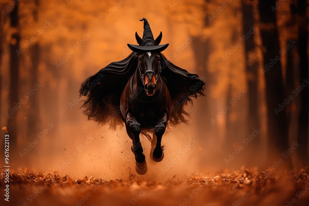 Obraz premium A black horse galloping through an autumn forest wearing a witch hat and cape, creating a magical Halloween scene.