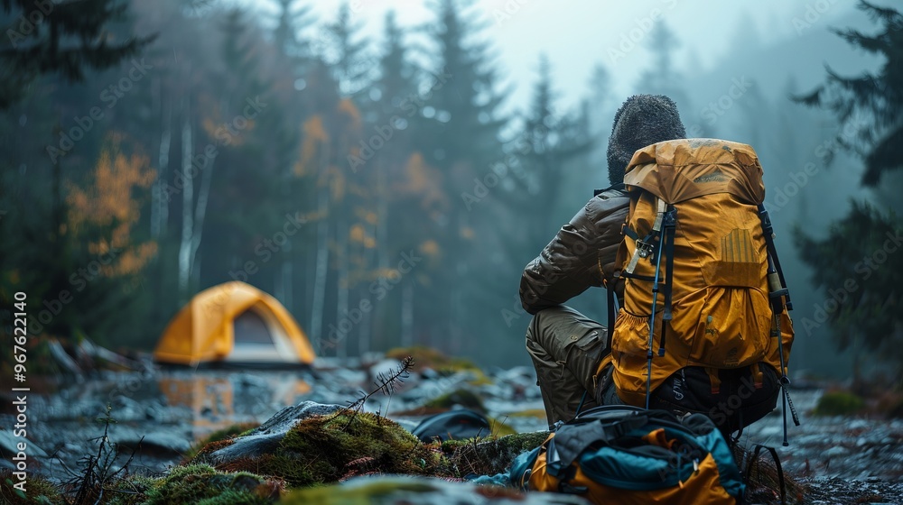 Fototapeta premium A lone hiker in a yellow jacket observes a dense, misty forest