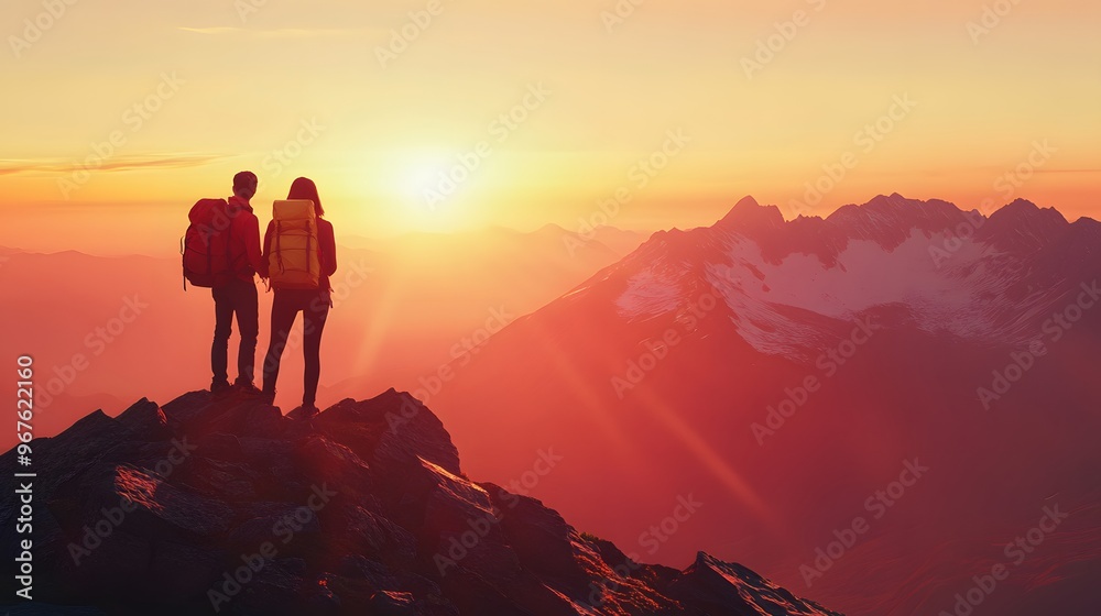 A couple hiking on the top of a mountain, with the sunrise in the background A couple hiking on the top of a mountain, with the sunrise in the background