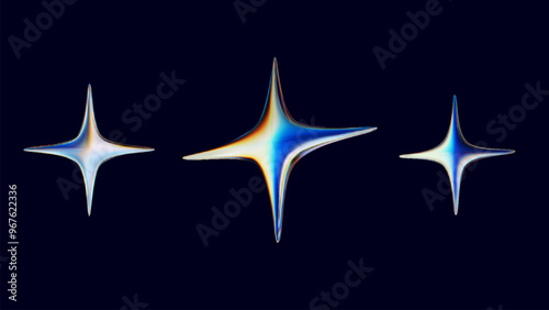 Set of 3d Holographic Chrome Stars in Y2K style. Abstract 3D stars