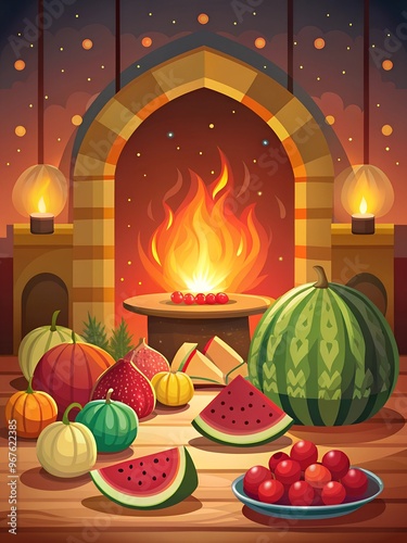 Yalda Night Celebration with Fruits, Fire, and Traditional Persian Elements photo