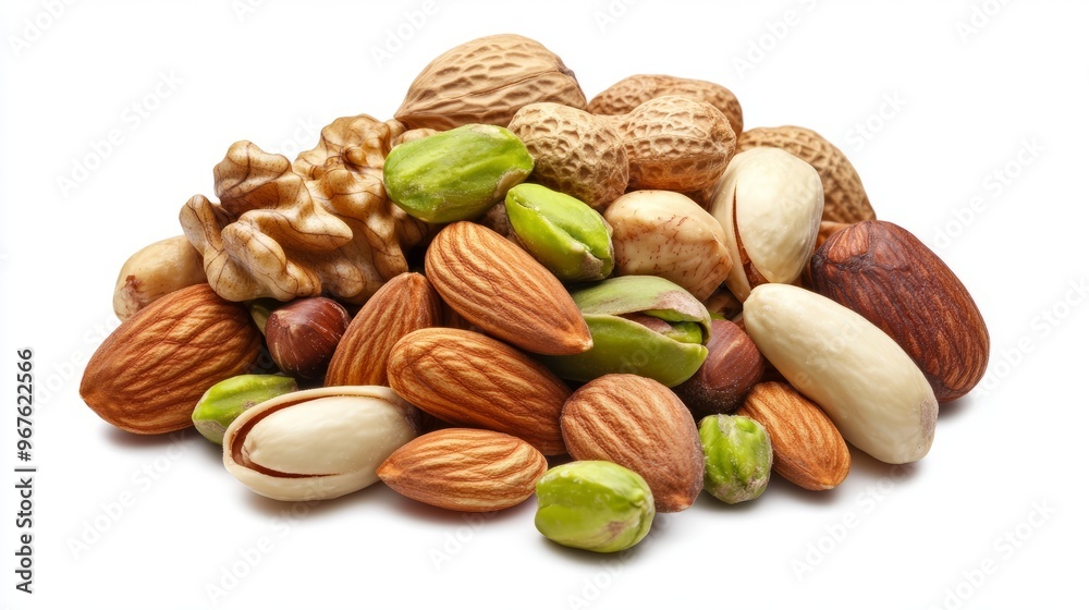 A high-class arrangement of assorted nuts and seeds, including almonds, walnuts, sunflower seeds, and pistachios, each with a polished, shiny appearance, isolated on a white background A high-class arrangement of assorted nuts and seeds, including almonds, walnuts, sunflower seeds, and pistachios, each with a polished, shiny appearance, isolated on a white background