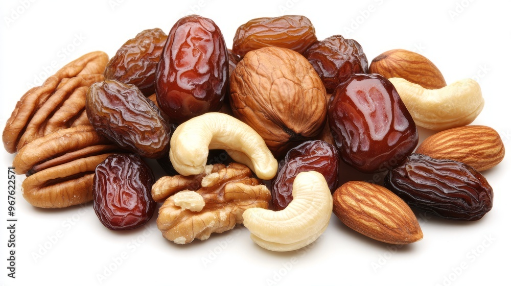 A high-class collection of assorted nuts and dried fruits like cashews, dates, raisins, and pecans, each with a shiny, polished surface, isolated on a white background A high-class collection of assorted nuts and dried fruits like cashews, dates, raisins, and pecans, each with a shiny, polished surface, isolated on a white background