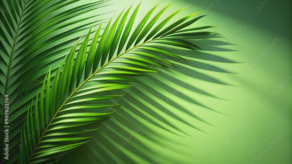 Obraz premium Abstract green background with sunlight and palm leaf shadow, perfect for product presentation , minimal, showcase, modern