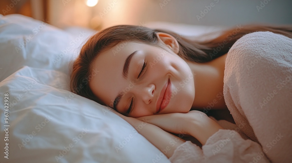 woman sleeping and snoring peacefully in bed at home enjoying the comfort of cozy blankets during a restful night woman sleeping and snoring peacefully in bed at home enjoying the comfort of cozy blankets during a restful night
