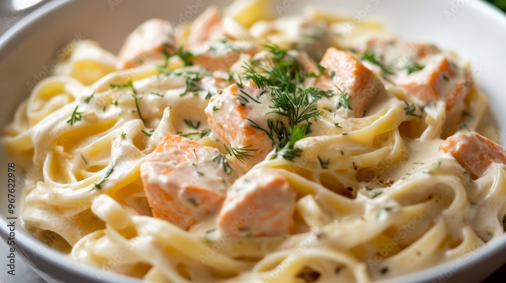 A creamy salmon pasta dish with a light dill sauce, garnished with parsley and served in a white bowl for a simple yet elegant meal. A creamy salmon pasta dish with a light dill sauce, garnished with parsley and served in a white bowl for a simple yet elegant meal.