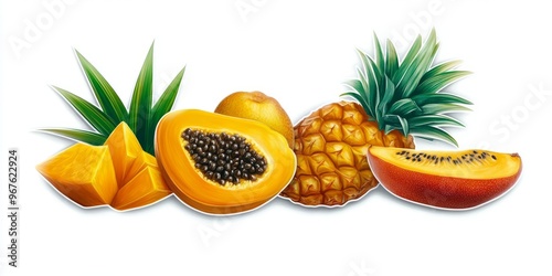 A high-class design of a mix of whole and sliced tropical fruits, like mango, pineapple, papaya, and guava, each with a glossy, sticker-like finish, isolated on a white background photo