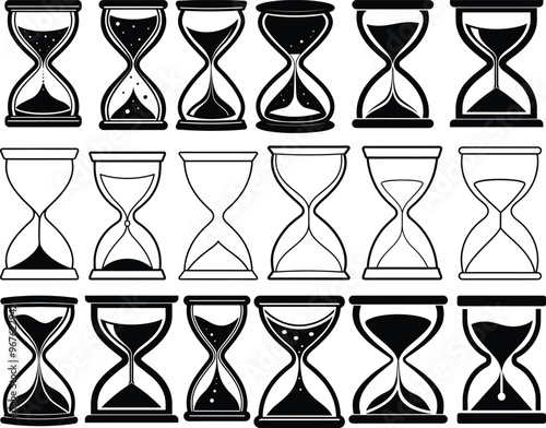 18 Hourglass black and white clipart, icons or, symbol sets. Vector art illustration.