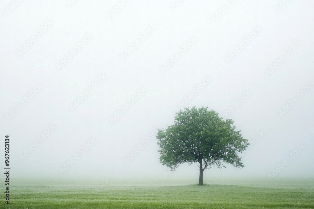 Obraz premium A solitary tree in a vast, foggy field, with the rest of the landscape fading into a soft, white void. 
