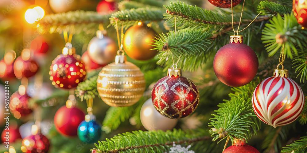 Fototapeta premium Close-up of various Christmas ornaments hanging on a tree, Christmas, ornaments, decorations, holiday, festive, winter, shiny