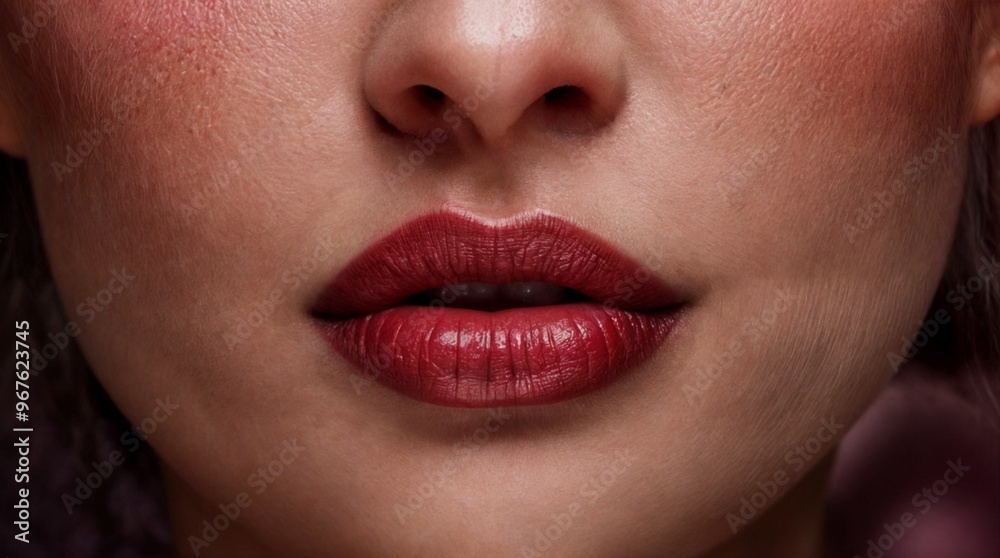 Fototapeta premium A close-up photo of a woman's lips. The lips are painted with a deep red lipstick.