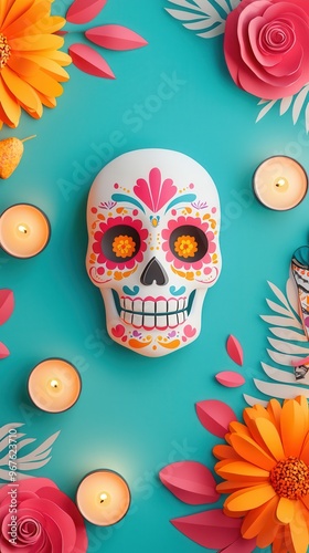 Day of the Dead Sugar Skull with Flowers and Candles.