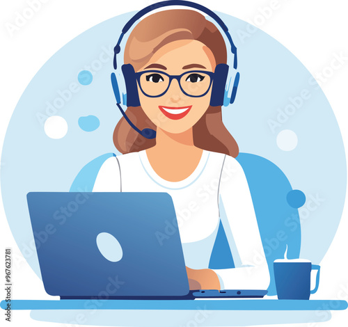 call center representative smiling while using a laptop, vector illustration