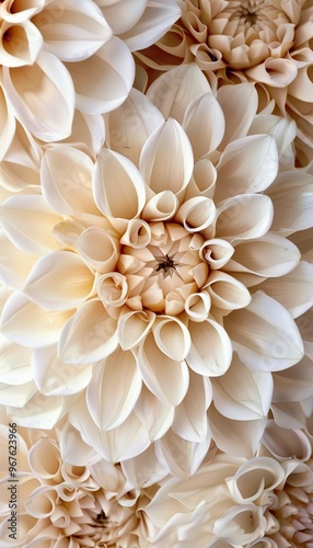 Swirling Petals of Creamy White Dahlias A Delicate Natural Floral Background, Macro Texture