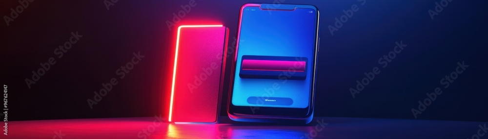 Futuristic smartphone and power bank illuminated with vibrant neon lights, perfect for technology and lifestyle themes. Futuristic smartphone and power bank illuminated with vibrant neon lights, perfect for technology and lifestyle themes.