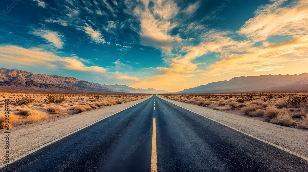 Empty Desert Highway with Dramatic Sky at Sunset Empty Desert Highway with Dramatic Sky at Sunset