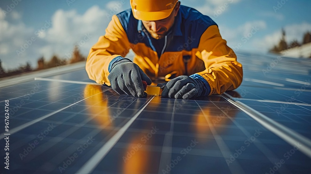 Worker in Yellow Uniform Installing Solar Panels Worker in Yellow Uniform Installing Solar Panels