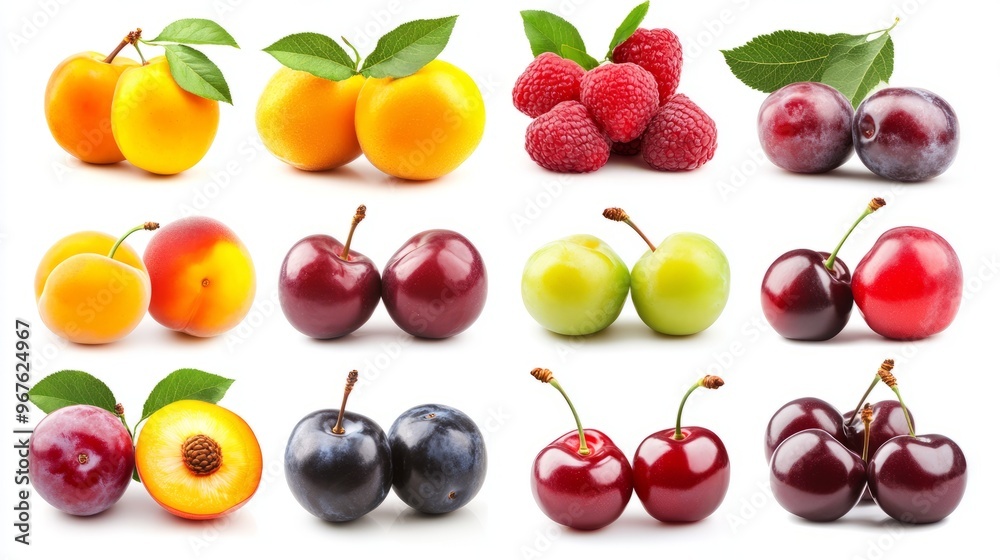 A luxurious collection of assorted stone fruits like plums, nectarines, peaches, and cherries, each with a smooth, glossy surface and some halved to show the pit, isolated on a white background A luxurious collection of assorted stone fruits like plums, nectarines, peaches, and cherries, each with a smooth, glossy surface and some halved to show the pit, isolated on a white background