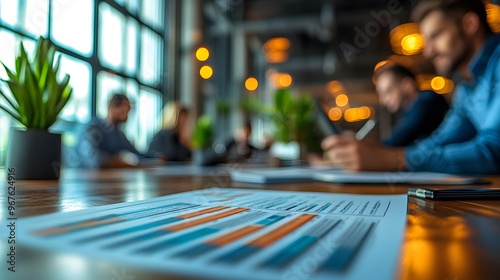 An office meeting in a brightly lit room, with a team of professionals reviewing quarterly results and developing strategies for future growth.