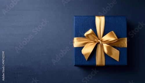 Dark gift box with gold satin ribbon on dark background. Generated image